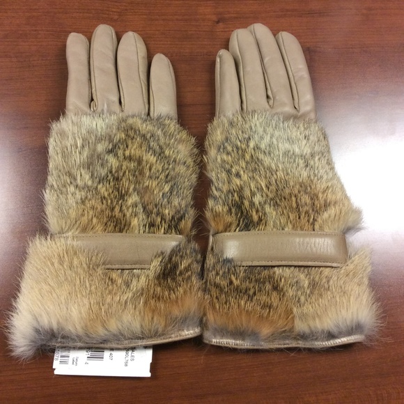 Leather Cashmere Lined Rabbit Fur  Gloves - Picture 1 of 7